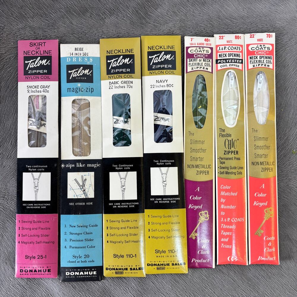 Talon & Coats Zipper Lot of 7 New Old Stock 9" 14" 22" Polyester Nylon 1950s